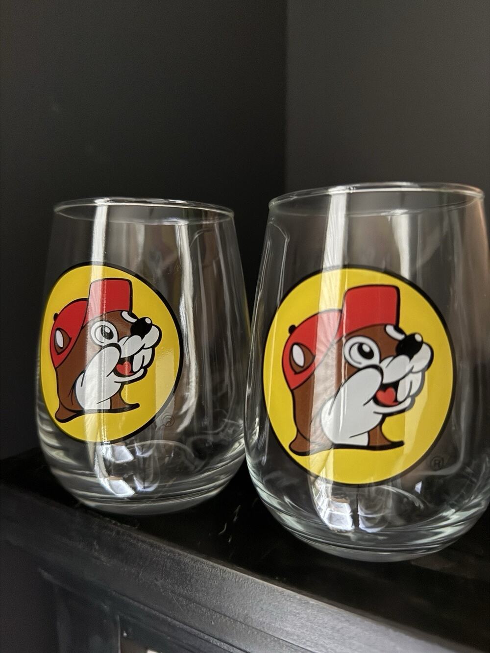 Buc-ee’s Beaver Logo Stemless Wine Glasses Set of 2 Clear Barware Souvenir